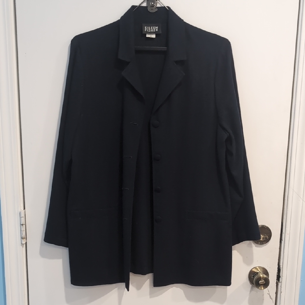 Vintage Eileen Fisher 100% Wool Long 4 Button Blazer Jacket Size Medium Navy